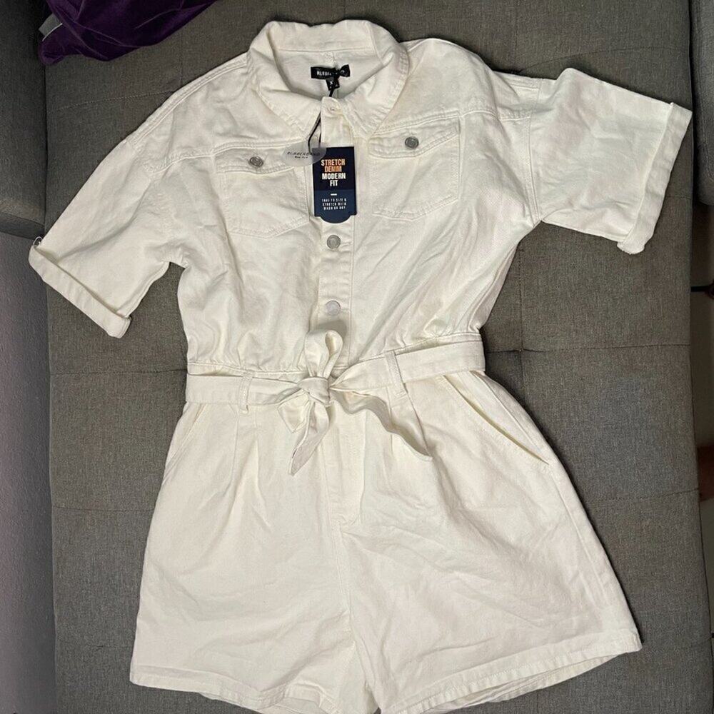Rubberband Stretch White Denim Romper XL Belted Utility NWT